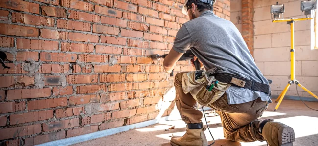 A builder works with a drill at a construction site. Handyman at a construction site in the process of drilling a wall with a perforator.